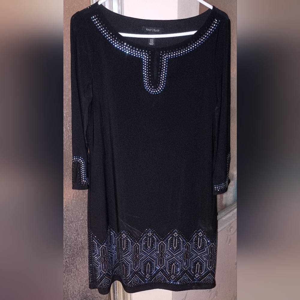 White House Black Market Black Dress with Blue And Silver Deco Accents medium